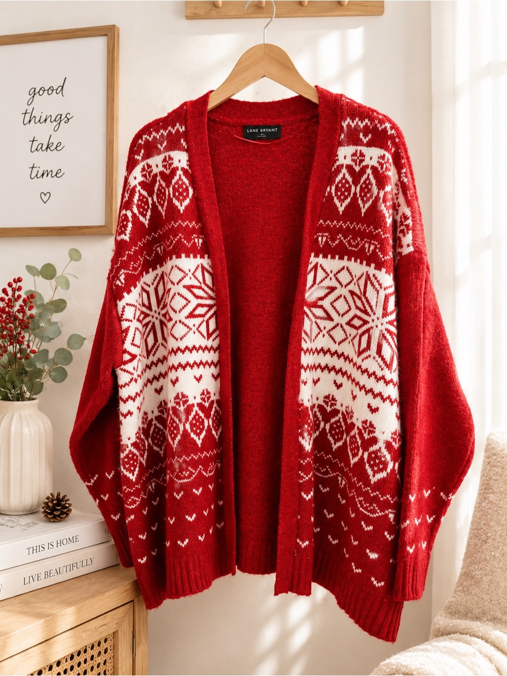 Lane Bryant Red and White Nordic Open Cardigan